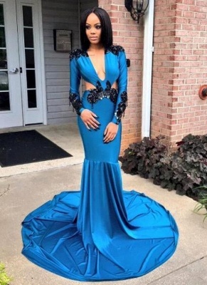 Blue Appliques Mermaid Prom Dresses | V-neck Long Sleeves Evening Gowns_1