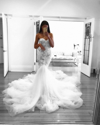 Vestidos de novia transparentes de encaje hermoso cariño romántico | Vestidos de novia baratos en línea de sirena_4