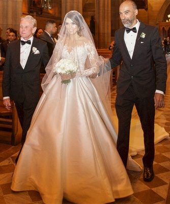 Satin Elegant A-Line Wedding Dresses Long Sleeve Lace Appliques Bridal Gowns_3
