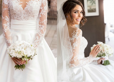Satin Elegant A-Line Wedding Dresses Long Sleeve Lace Appliques Bridal Gowns_6