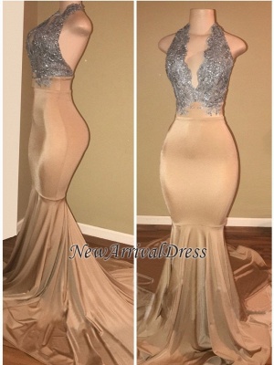 Luxury Mermaid Appliques Halter Lace Sleeveless Long Prom Dresses_1