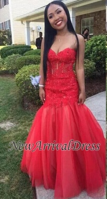 Tulle Sweetheart Lace Floor-Length Red Mermaid Sleeveless Prom Dresses_3