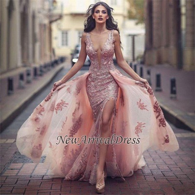 Pink Amazing Front Lace V-neck Appliques Slit Tulle Overskirt Evening Dress BA6127_1