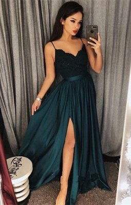 Dark-Green Spaghetti-StrapsProm Dress | Lace Evening Gowns With Slit_1