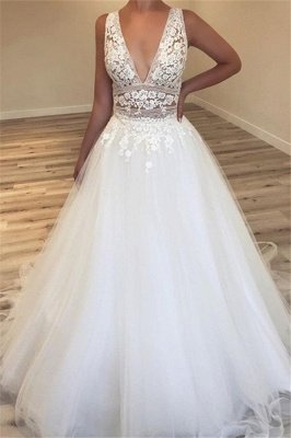 Glamorous V-Neck Lace Wedding Dresses | 2021 Sleeveless Tulle Sexy Bridal Gowns_1