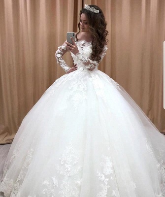 Glamorous Off Shoulder Long Sleeves Wedding Dresses | Lace Flowers Bridal Ball Gown 2021_1