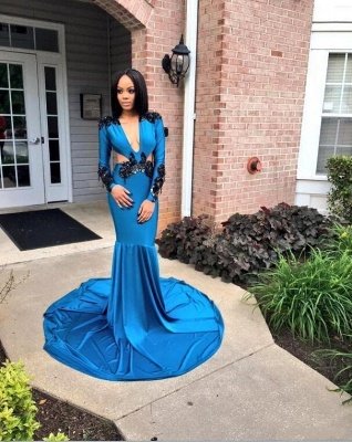 Blue Appliques Mermaid Prom Dresses | V-neck Long Sleeves Evening Gowns_3