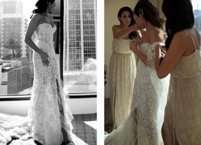 Gorgeous Sweetheart Lace Mermaid Wedding Dresses Cheap Front Slit Bridal Dresses with Tulle Wrap_5