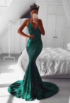 Sexy vestido de noche con lentejuelas y tirantes de espagueti verde | Vestido de noche barato_1