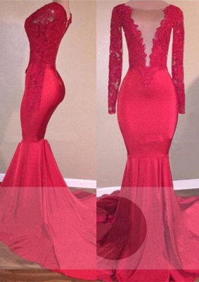 Long Sleeve Red Evening  Gowns | Lace Appliques Mermaid Prom Dresses_2