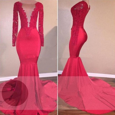 Long Sleeve Red Evening  Gowns | Lace Appliques Mermaid Prom Dresses_3