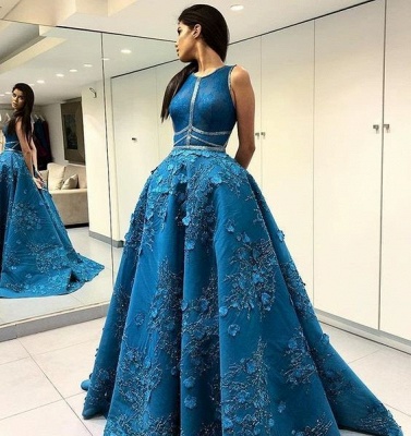 Newest Blue Princess Sexy Sleeveless flowers evening dress | Modern Evening Gown_3