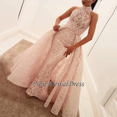 Popular Sheath Unique Overskirt Sleeveless High-Neck Lace Illusion Puffy Prom Dress BA6173_1