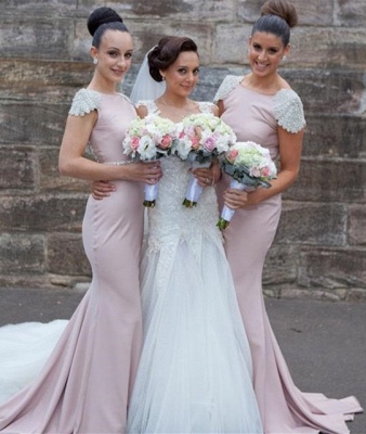 Elegante Kristall Kurzarm Kleider für Hochzeit Backless Sweep Zug Taillierte Brautjungfernkleider cap121_3