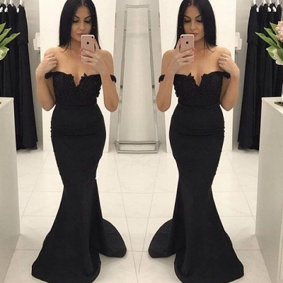 Modest Black Mermaid Lace Off-the-shoulder Prom Dress | Plus Size Prom Dress_3