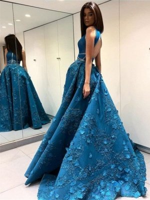 La plus récente robe de soirée à fleurs sans manches Blue Princess Sexy | Robe de soirée moderne_2