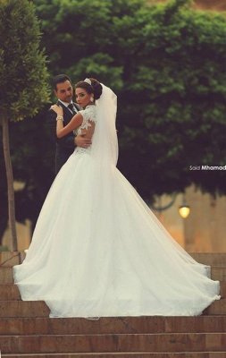 Sweetheart Cap Sleeve Puffy Tulle Wedding Dresses | Appliques Court Train Vintage Bridal Gowns_5