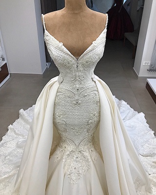 Spaghetti Straps Lace Mermaid Wedding Dresses Overskirt |  Appliques Detachable Satin Backless Bridal Gowns 2021 BC0776_3