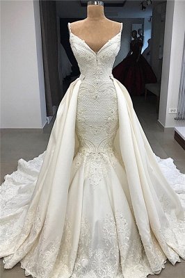 Spaghetti Straps Lace Mermaid Wedding Dresses Overskirt |  Appliques Detachable Satin Backless Bridal Gowns 2021 BC0776_1