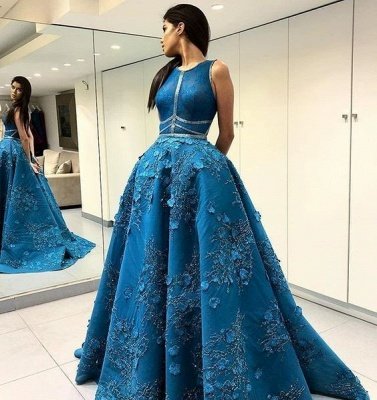 Neueste blaue Prinzessin Sexy ärmelloses Blumen Abendkleid | Modernes Abendkleid_3