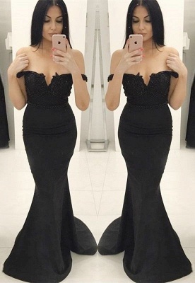 Modest Black Mermaid Lace Off-the-shoulder Prom Dress | Plus Size Prom Dress_1