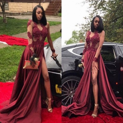 Burgundy Plus Size Long Sleeve Prom Dresses Appliques Side Slit Formal Dresses SK0107_3