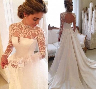 High Neck Vintage Lace Wedding Dresses  | Open Back Long Sleeve Satin Bridal Gowns_3