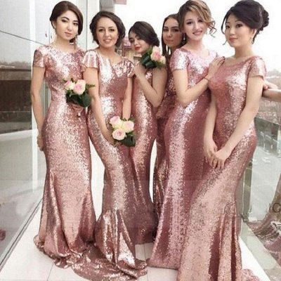 Sequined Pink Gorgeous Jewel Mermaid Short-sleeve Bridesmaid Dress_3