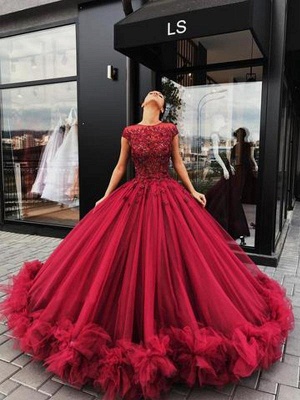 Short Sleeves Burgundy Ball Gown Luxury Scoop Prom Dresses_3