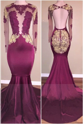 Appliques Open Back Zipper Gorgeous Mermaid Long Sleeve Prom Dresses_2