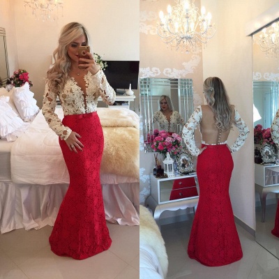 Beadings Lace Mermaid Floor-Length Popular Long-Sleeves Prom Dresses BT00_4