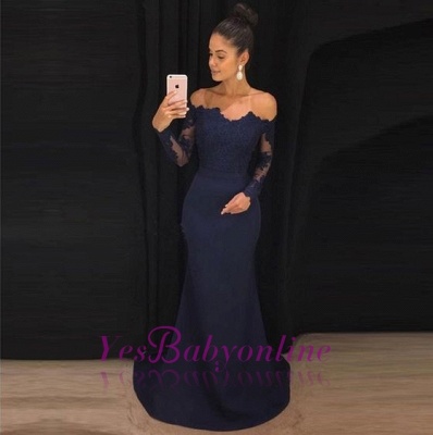 Long Sleeve Navy Blue Formal Dresses |  Lace Long Prom Dresses_1