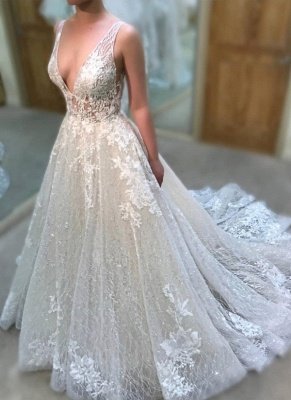 Straps A-line Beading Appliques Wedding Dresses | V-neck Sleeveless Lace Bridal Gowns_1