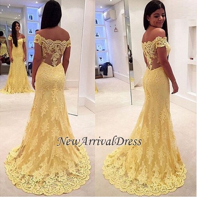 Yellow Mermaid Lace Off-the-Shoulder Prom Dresses_4