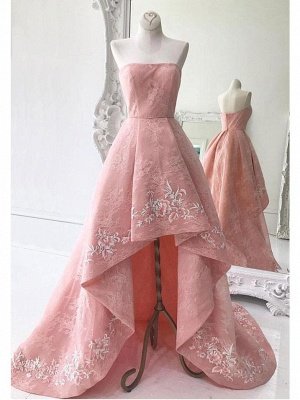 High-Low Strapless Custom Made A-line Embroidery Lace Exquisite Long Prom Dresses_2