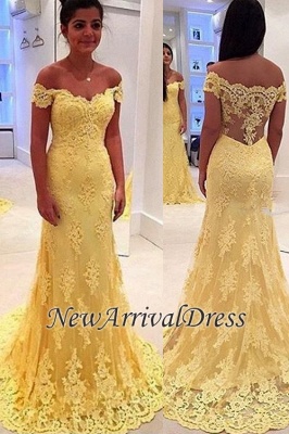 Yellow Mermaid Lace Off-the-Shoulder Prom Dresses_5