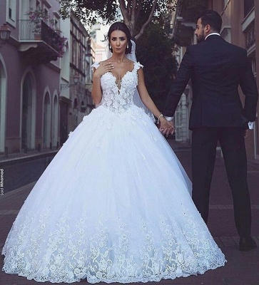 Sleeveless Puffy Tulle Ball Gown Wedding Dresses | Sexy Straps Lace Appliques Bridal Gowns_3