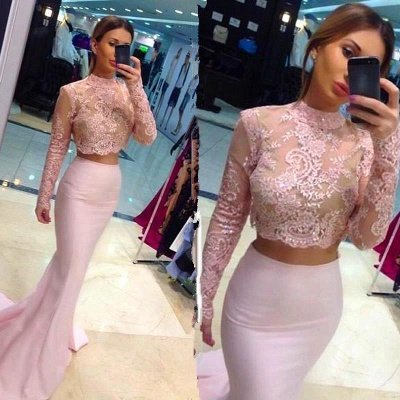 Newest High Neck Two Piece Pink Lace Appliques Long Sleeve Prom Dress_3