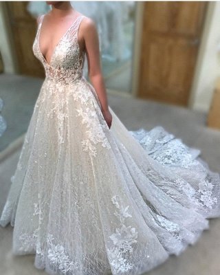 Straps A-line Beading Appliques Wedding Dresses | V-neck Sleeveless Lace Bridal Gowns_2