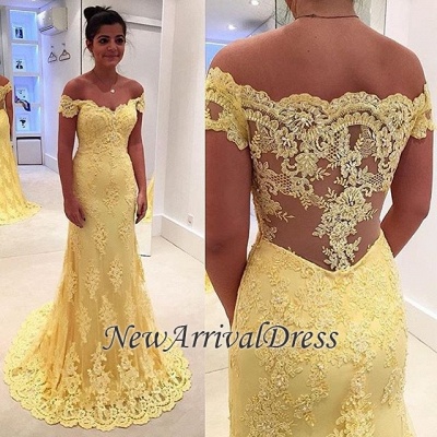 Yellow Mermaid Lace Off-the-Shoulder Prom Dresses_3