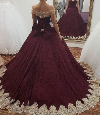 Glamorous Off the Shoulder Bowknot Burgundy Gold Ball Gown Fromal Prom Dresses_1