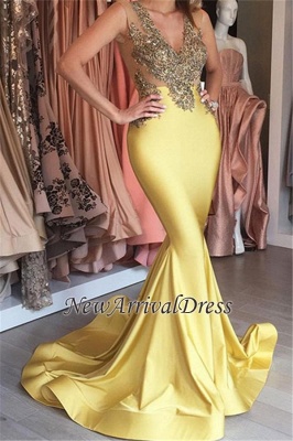 Appliques Sleeveless Yellow Beaded Mermaid Stretch Sexy V-neck Prom Dress JJ0129_1
