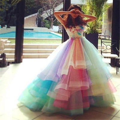 Ball Floral Gown Rainbow Princess Organza Strapless Tiered Puffy Evening Dresses_4