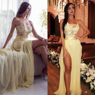 Elegant StraplessProm Dress | Yellow Lace Evening Dress With Slit_4