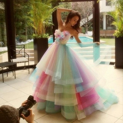 Ball Floral Gown Rainbow Princess Organza Strapless Tiered Puffy Evening Dresses_3