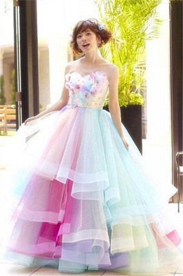 Ball Floral Gown Rainbow Princess Organza Strapless Tiered Puffy ...