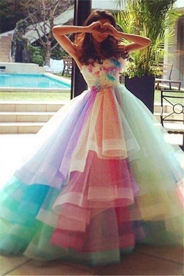 Ball Floral Gown Rainbow Princess Organza Strapless Tiered Puffy Evening Dresses_2