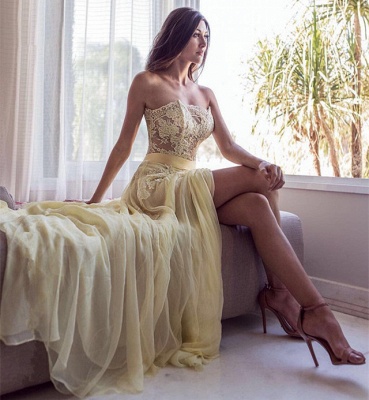 Elegant StraplessProm Dress | Yellow Lace Evening Dress With Slit_3