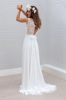 Sleeveless V-Neck Bowknot Chiffon Lace Appliques Simple Summer Beach Wedding Dresses_3