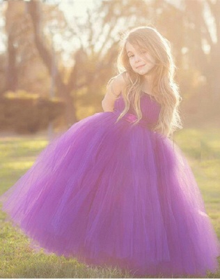 Purple Strapless Flower Girl Dresses Tulle Floor Length Girl Dresses_2